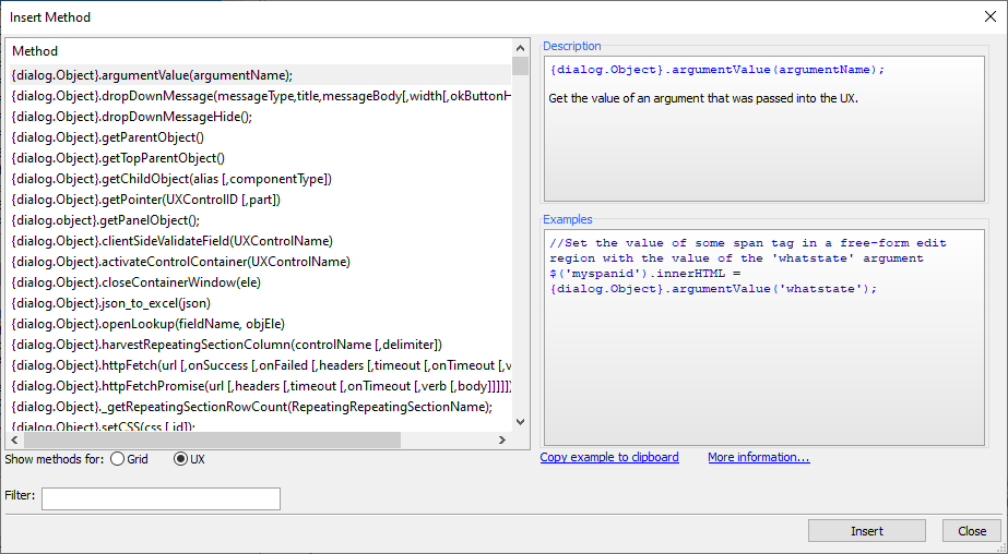 Insert Method dialog for the UX Component